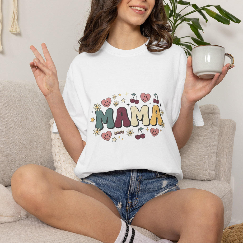 Mama floral lettering T-shirt | Retro hearts cherries doodle design