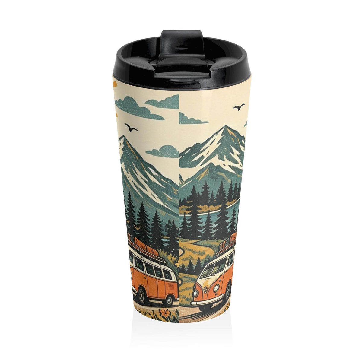 Retro Mountain Sun Van Travel Mug | Scenic Camping Landscape