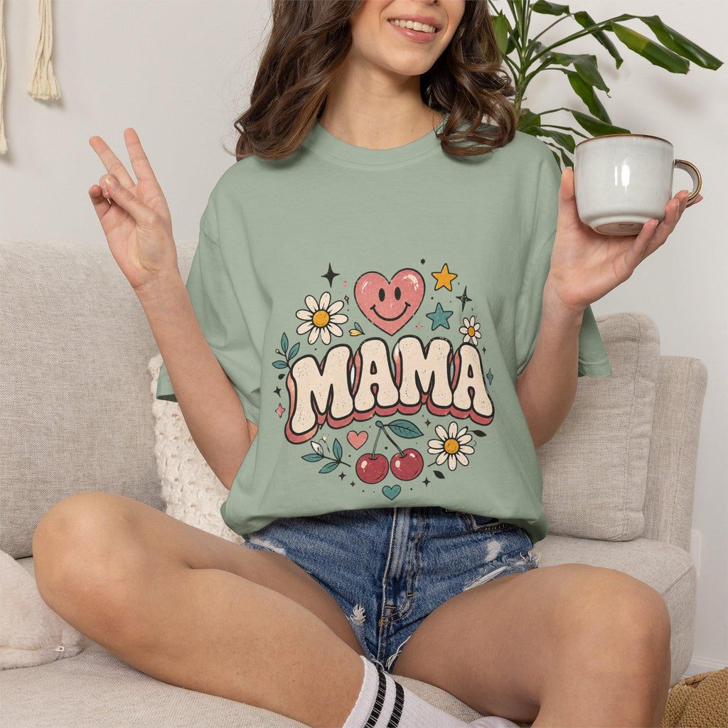 Mama Retro Floral Heart Cherry T-Shirt | Mom Typography Tee