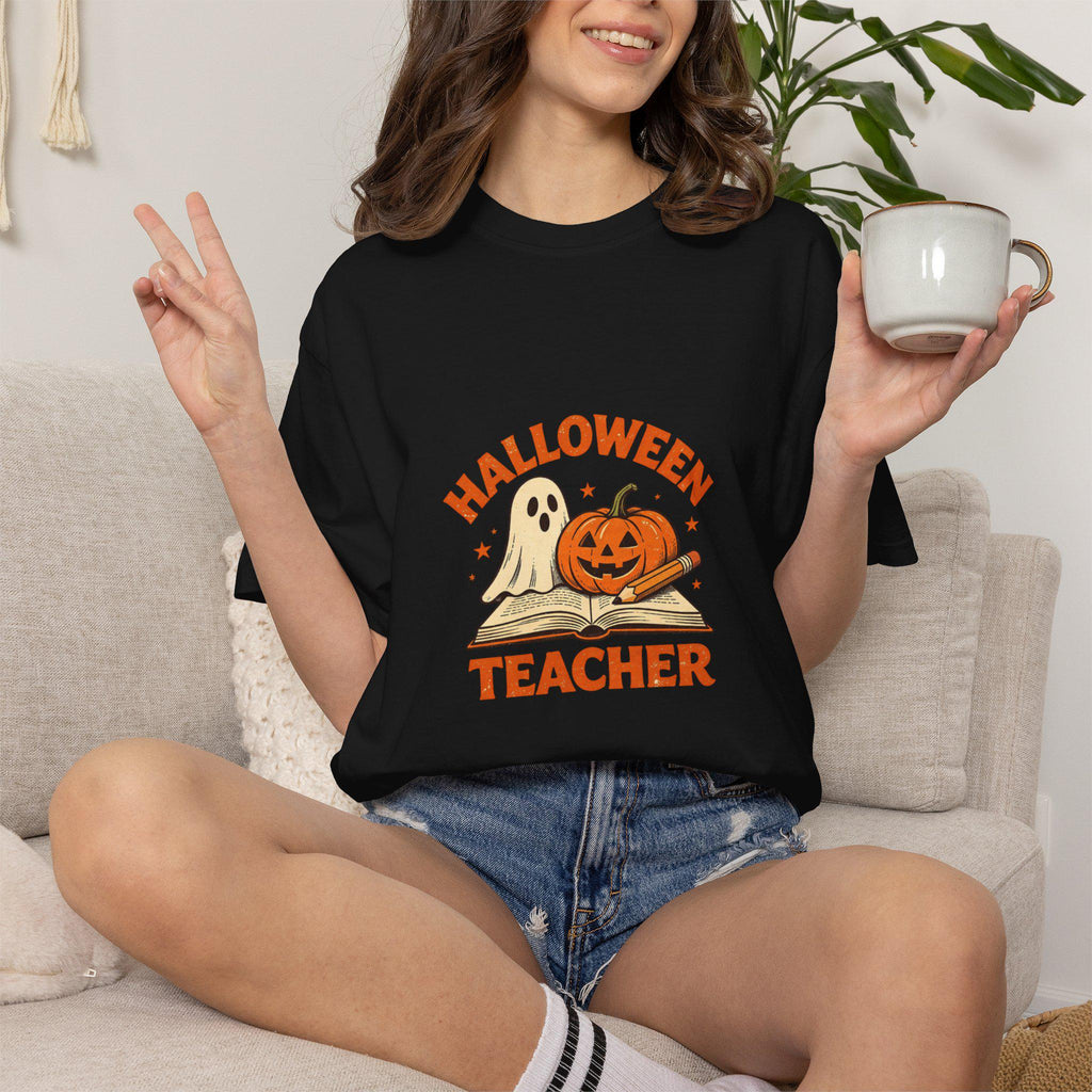 Halloween Teacher T-shirt | Ghost and Jack-o'-Lantern Book Illustration
