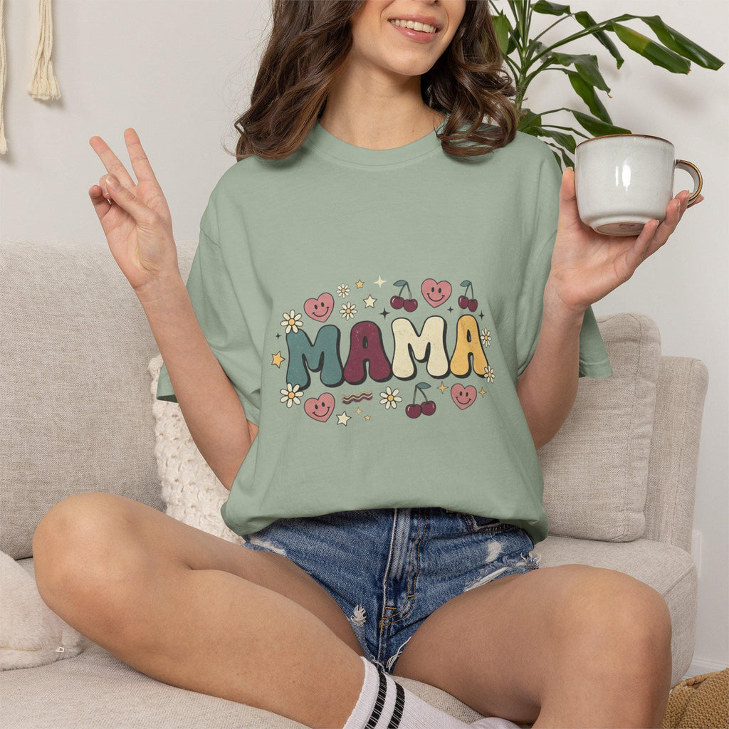 Mama floral lettering T-shirt | Retro hearts cherries doodle design