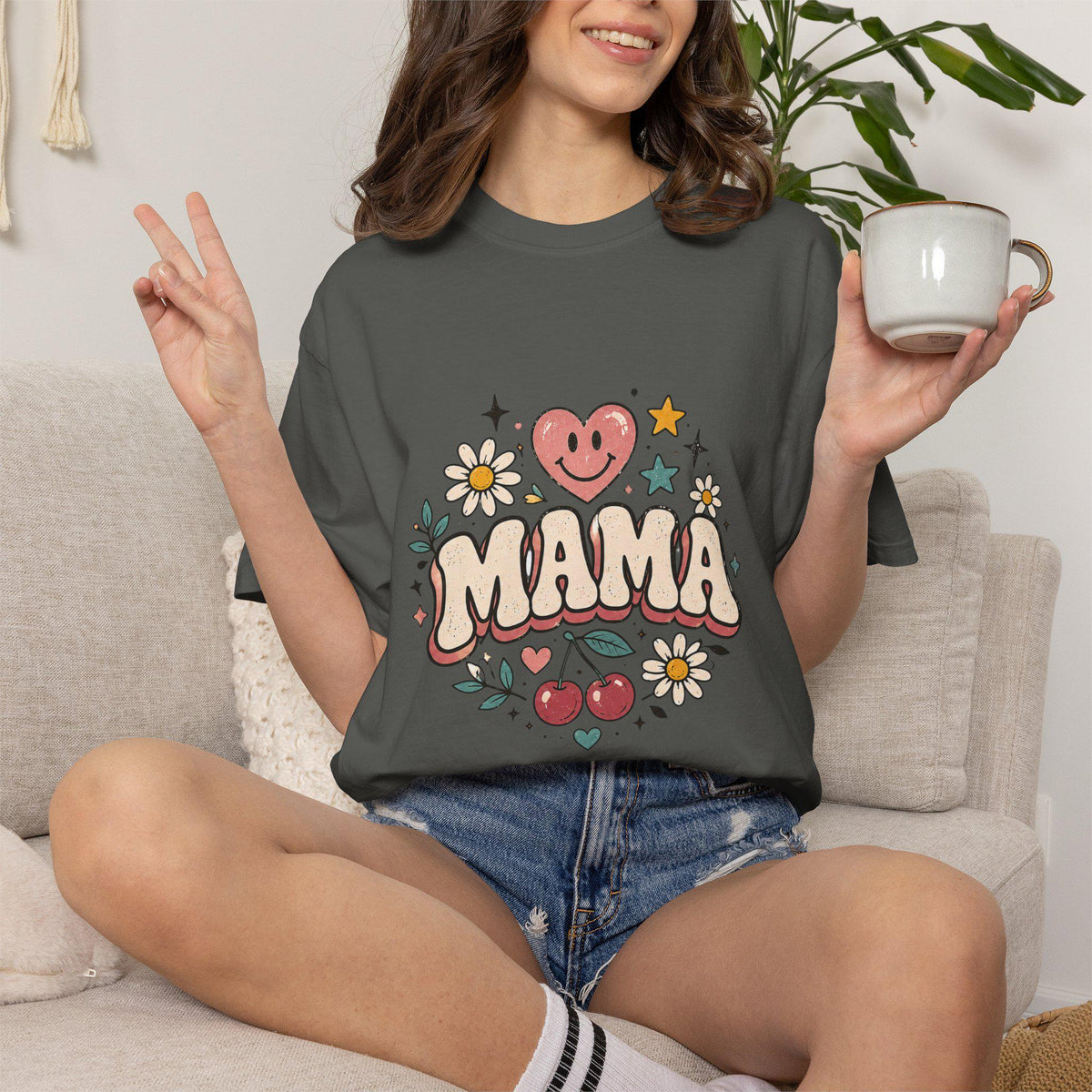 Mama Retro Floral Heart Cherry T-Shirt | Mom Typography Tee