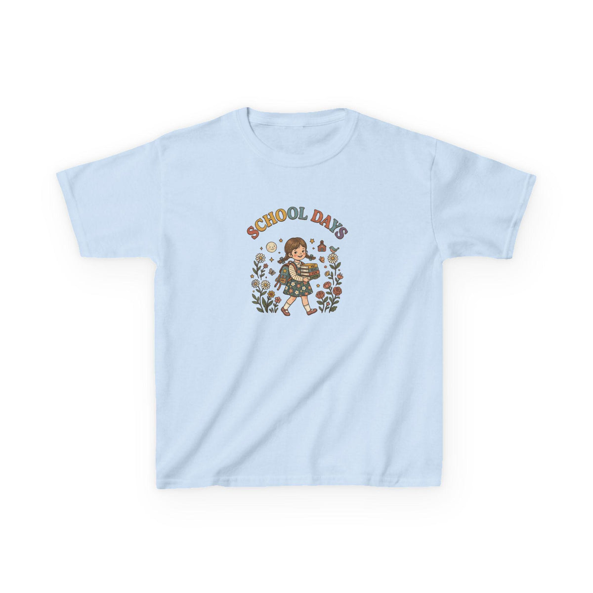 School Day kids t-shirt | retro girl illustration, floral accents