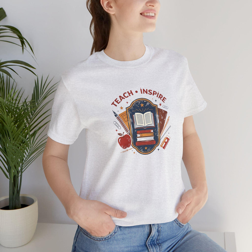 Teach Inspire Badge Tee | Teacher Book Apple Pencil Illustration
