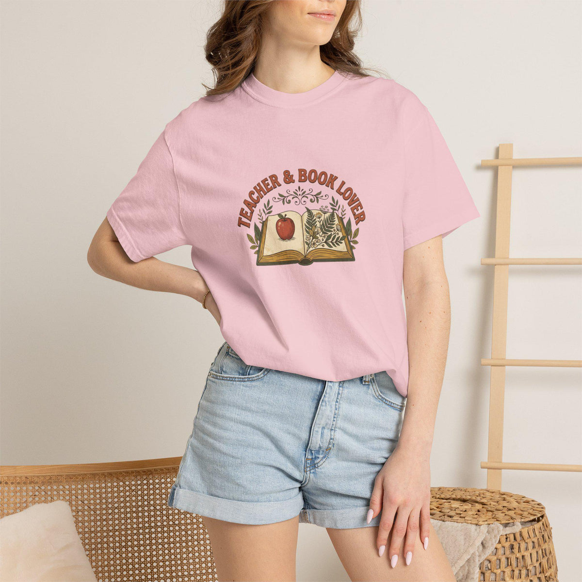 Teacher & Book Lover T-Shirt | Open Book Illustration, Apple and Plants