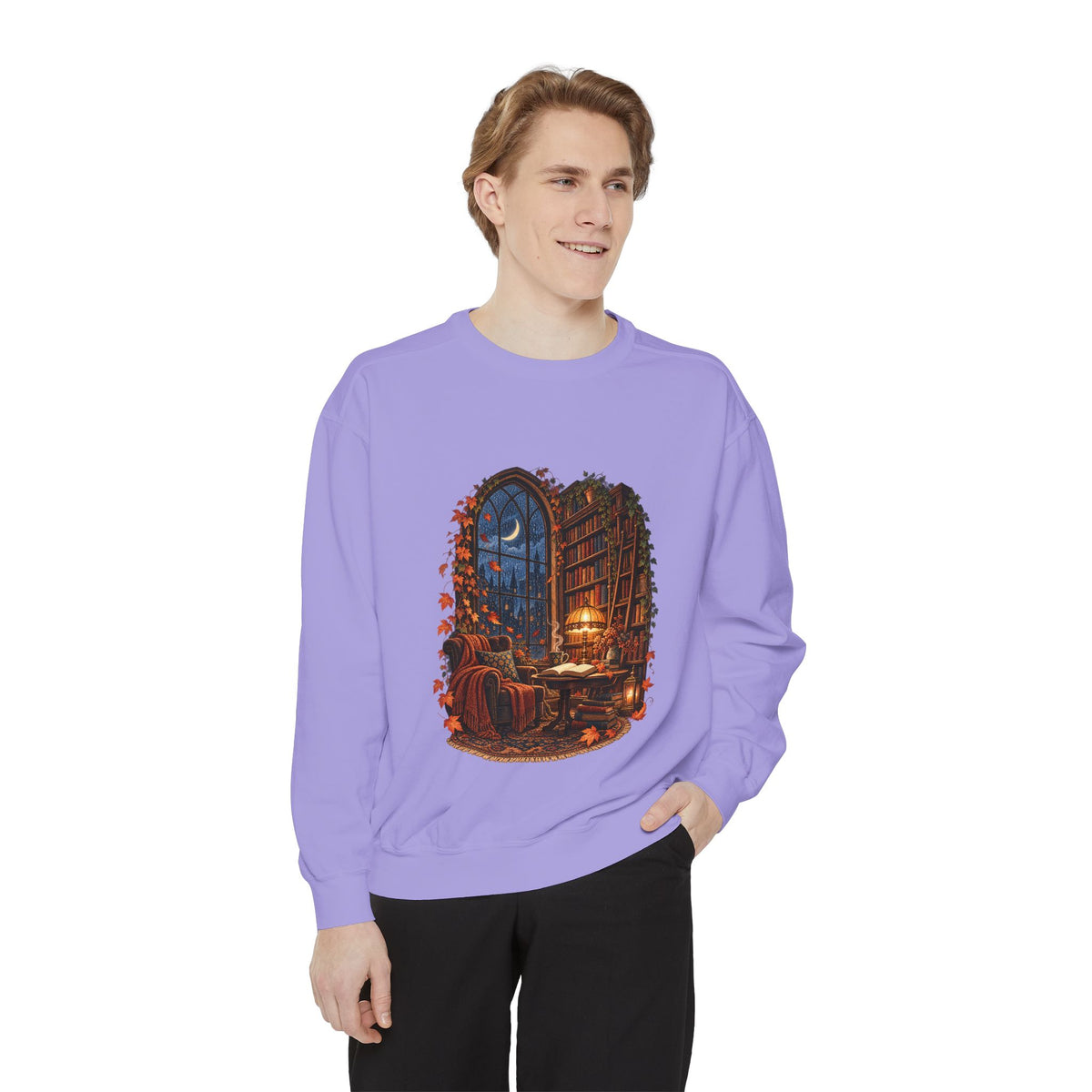 Cozy Nighttime Library Scene Sweatshirt | Reading Nook Illustration