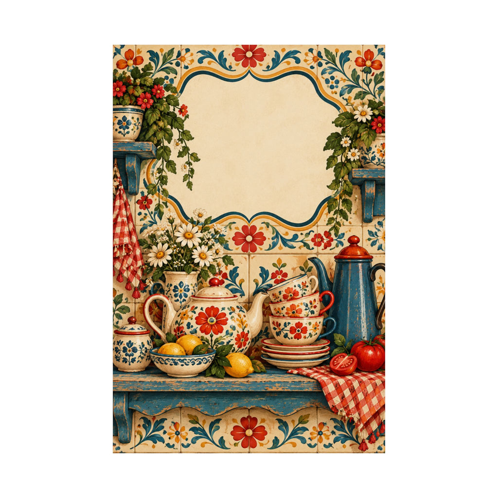 Vintage Floral Kitchen Tea Set Poster | Matte Vertical Poster