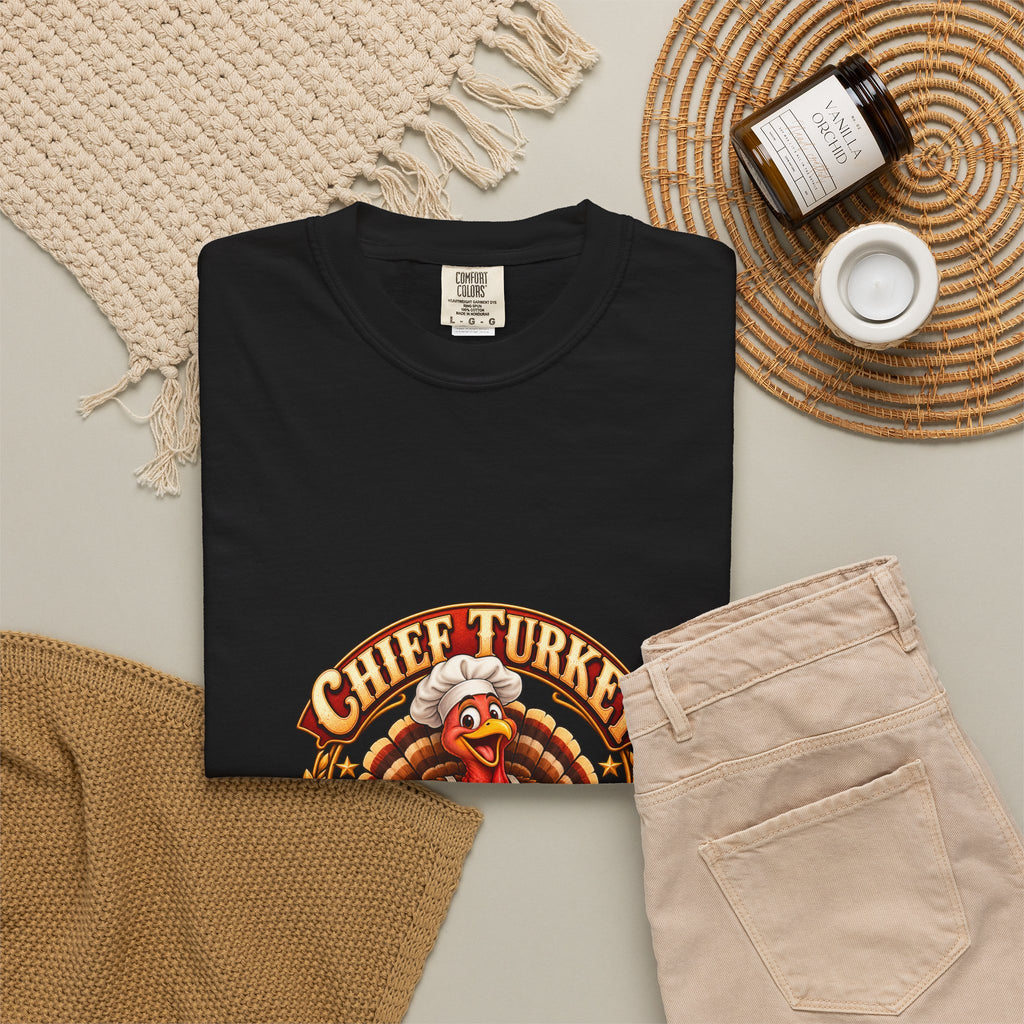 Chief Turkey Roaster T-Shirt — Retro Thanksgiving Emblem Tee, Vintage BBQ Turkey Badge Graphic Fall Shirt