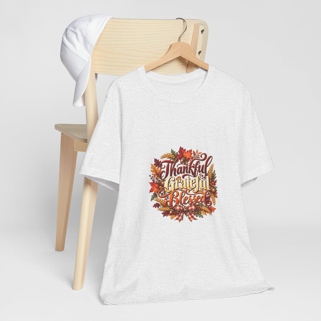 Thankful Grateful Blessed T-Shirt — Fall Leaves Thanksgiving Tee, Autumn Gratitude Shirt, Family Matching Outfit