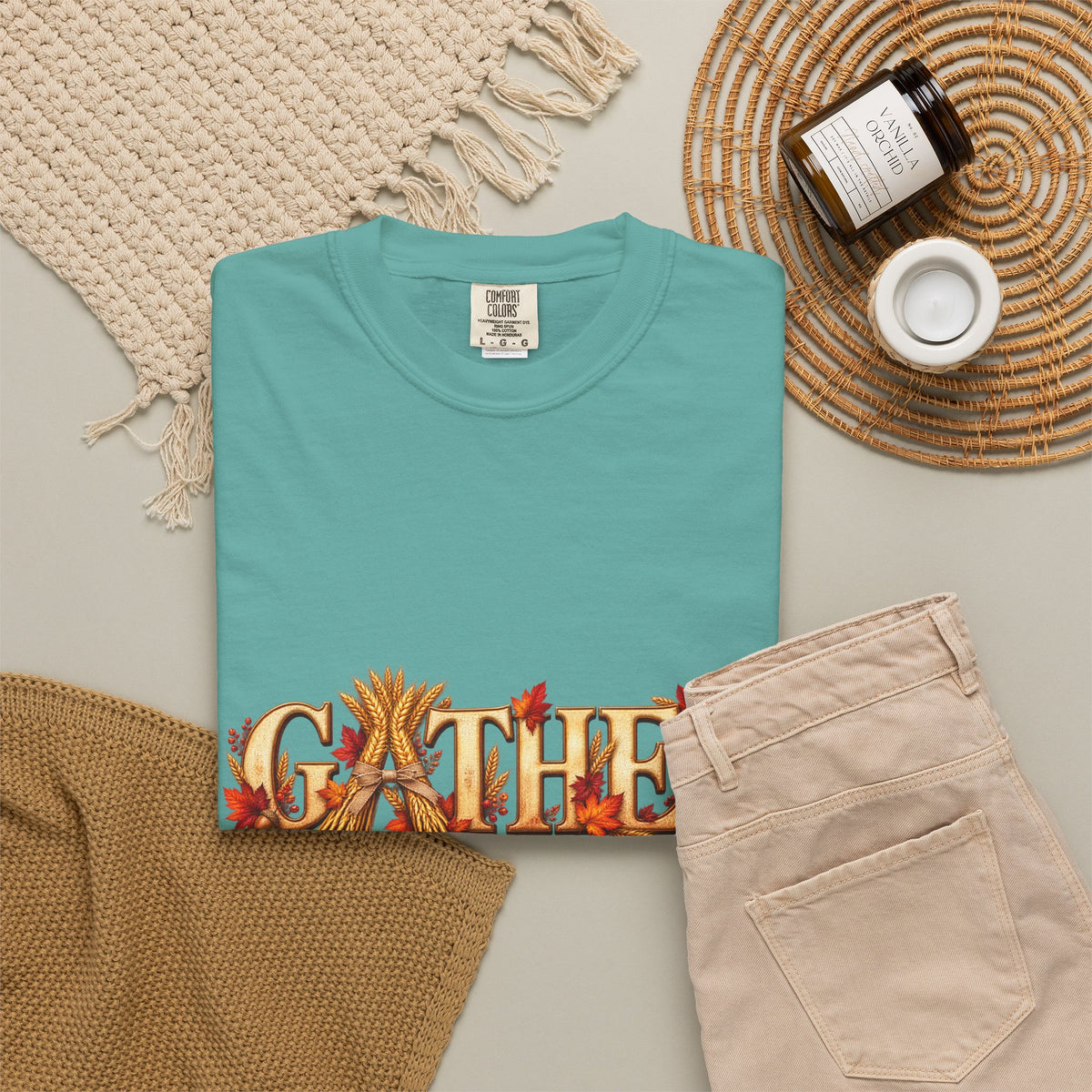 Gather Fall T-Shirt — Autumn Leaves Harvest Graphic Tee, Thanksgiving Family Gathering Shirt, Rustic Fall Gift
