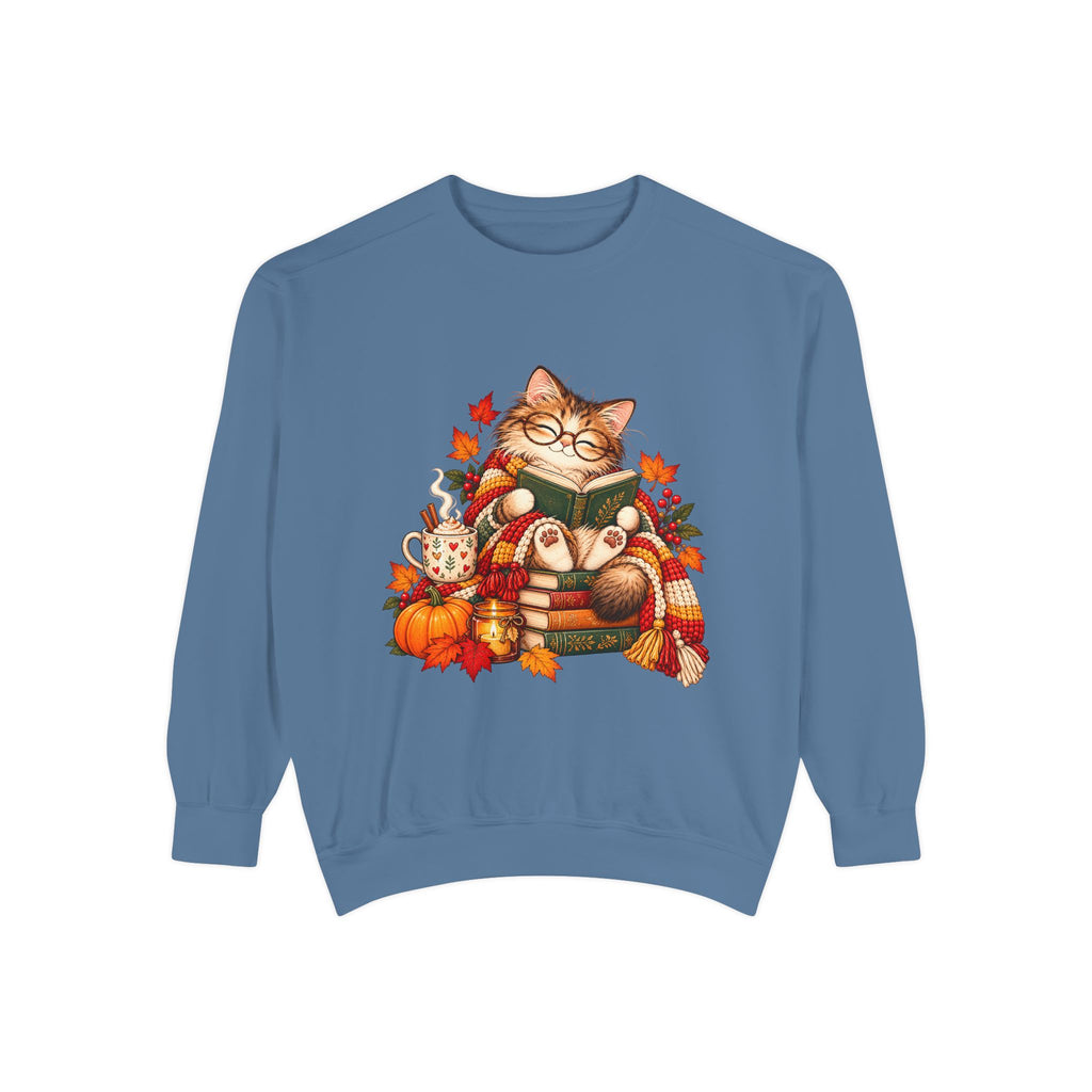 Cozy Reading Cat Sweatshirt | Autumn Leaves Pumpkin Fall Cozy