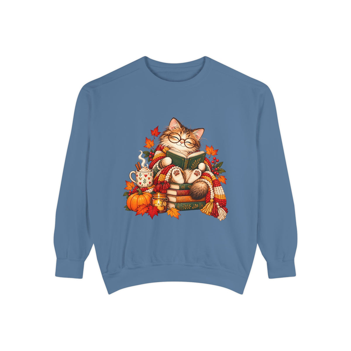 Cozy Reading Cat Sweatshirt | Autumn Leaves Pumpkin Fall Cozy