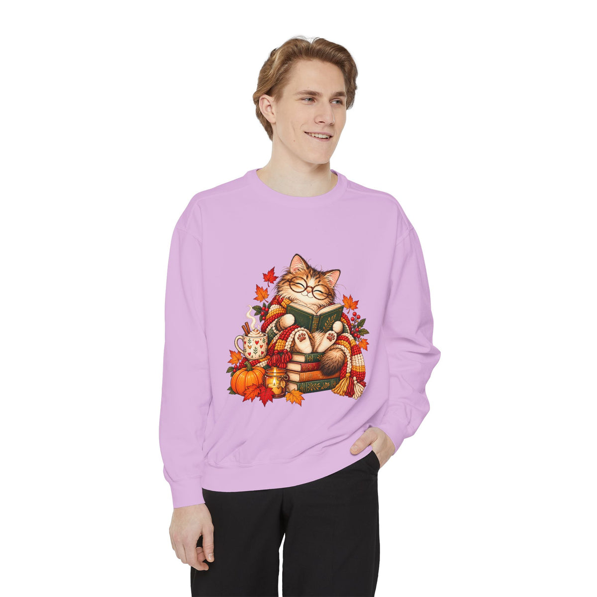 Cozy Reading Cat Sweatshirt | Autumn Leaves Pumpkin Fall Cozy
