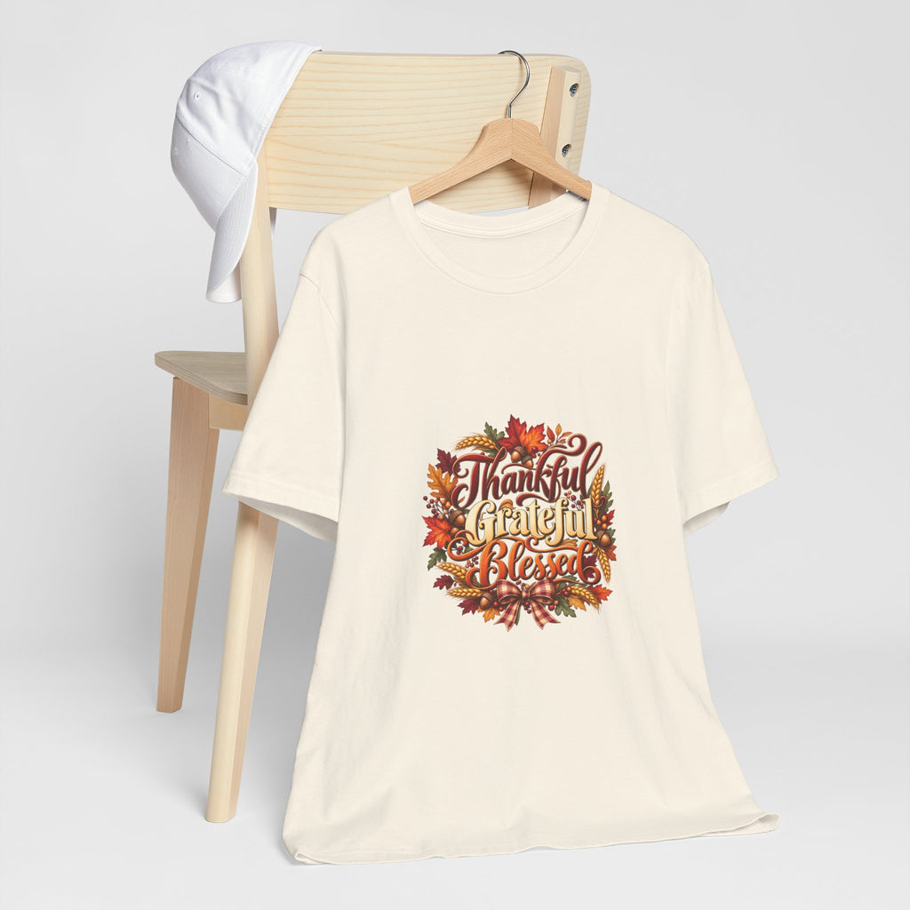 Thankful Grateful Blessed T-Shirt — Fall Leaves Thanksgiving Tee, Autumn Gratitude Shirt, Family Matching Outfit