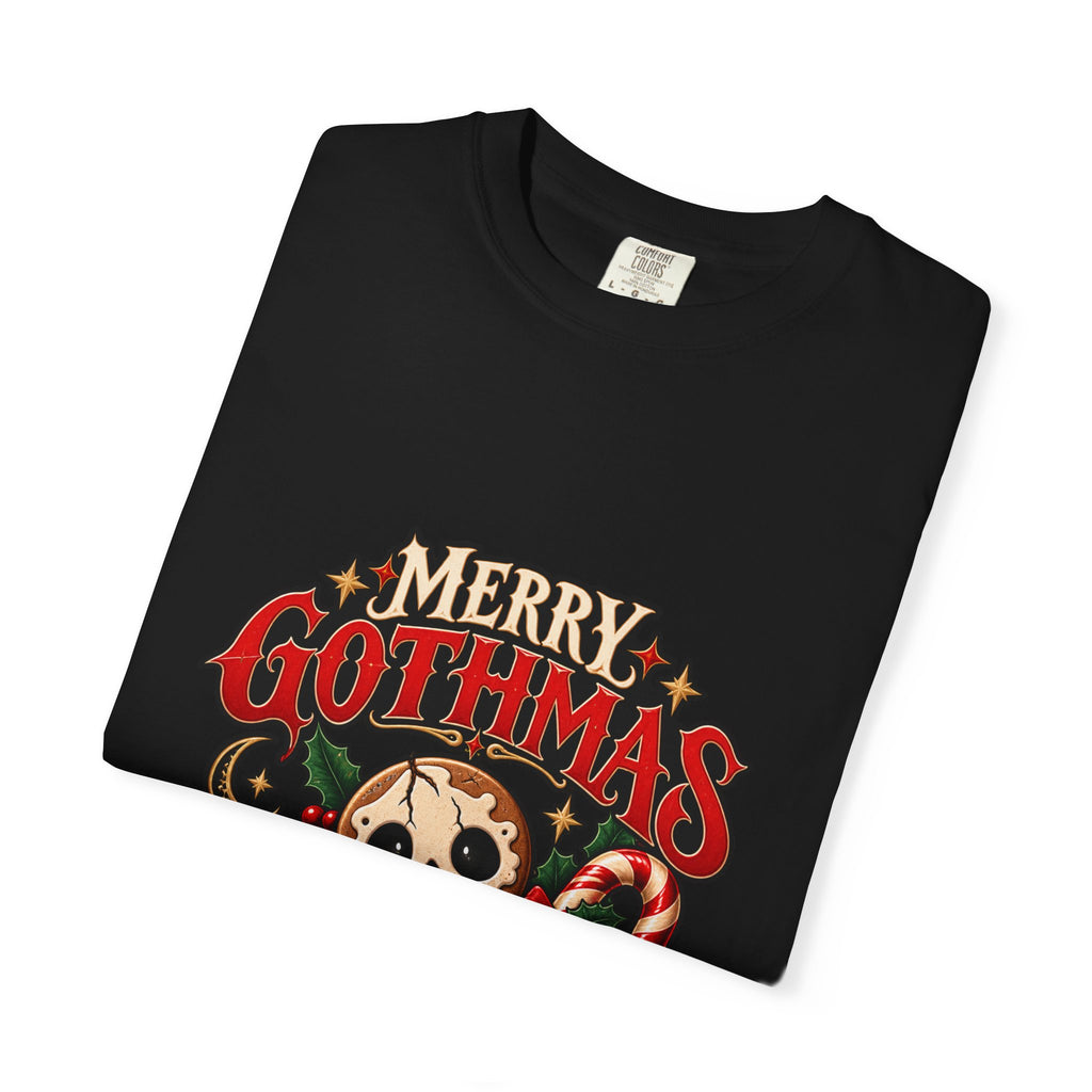 Merry Gothmas skull gingerbread graphic T-shirt | Gothic Christmas tee