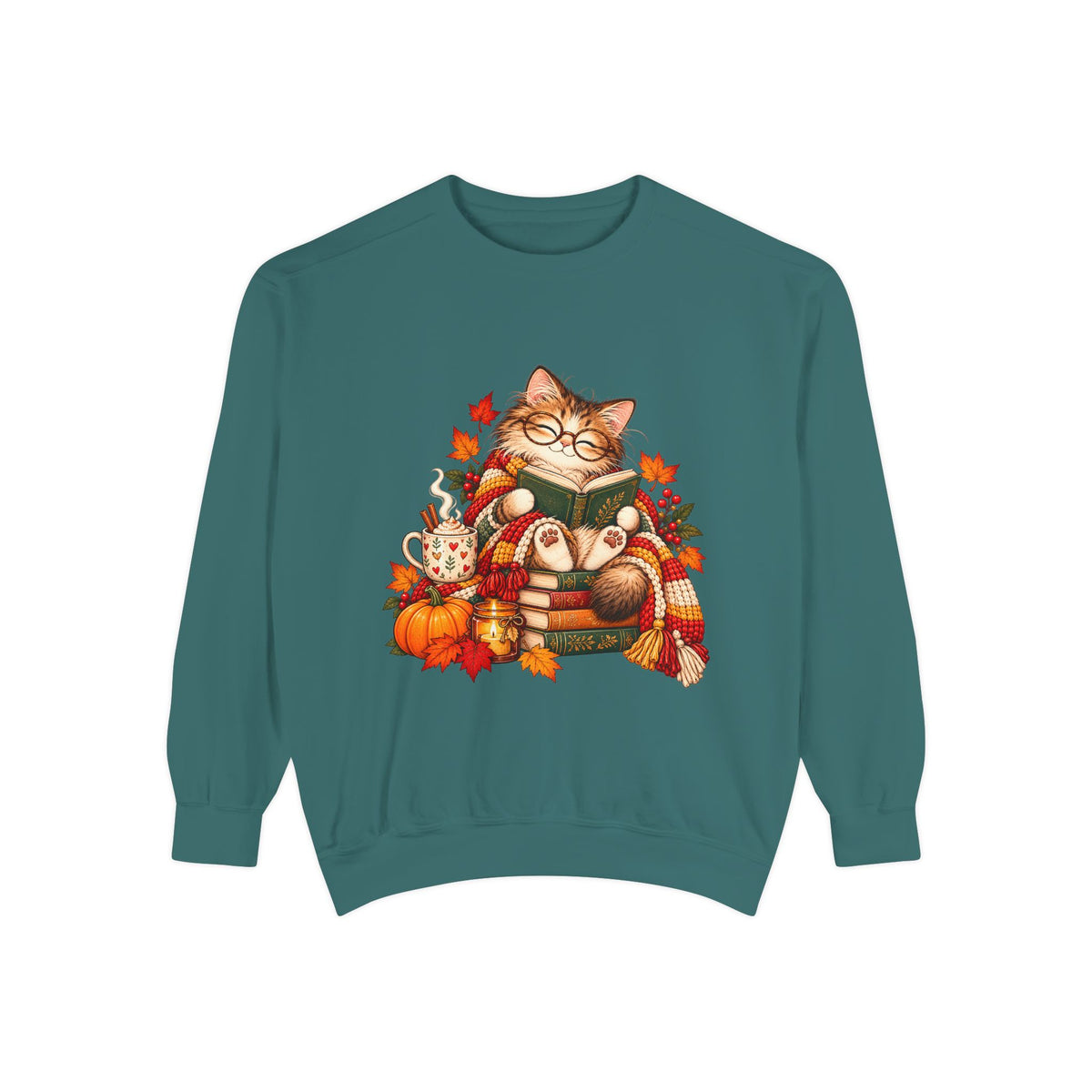 Cozy Reading Cat Sweatshirt | Autumn Leaves Pumpkin Fall Cozy