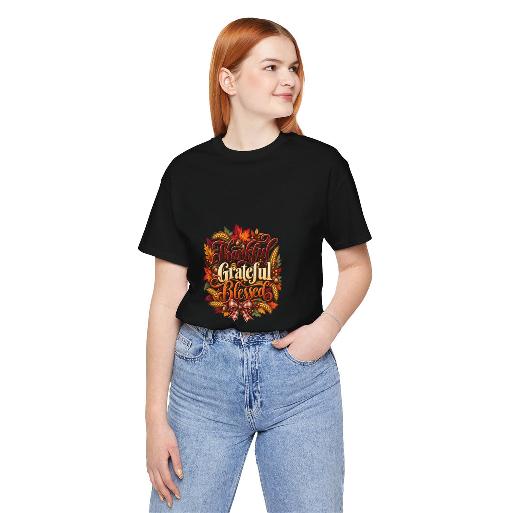 Thankful Grateful Blessed T-Shirt — Fall Leaves Thanksgiving Tee, Autumn Gratitude Shirt, Family Matching Outfit