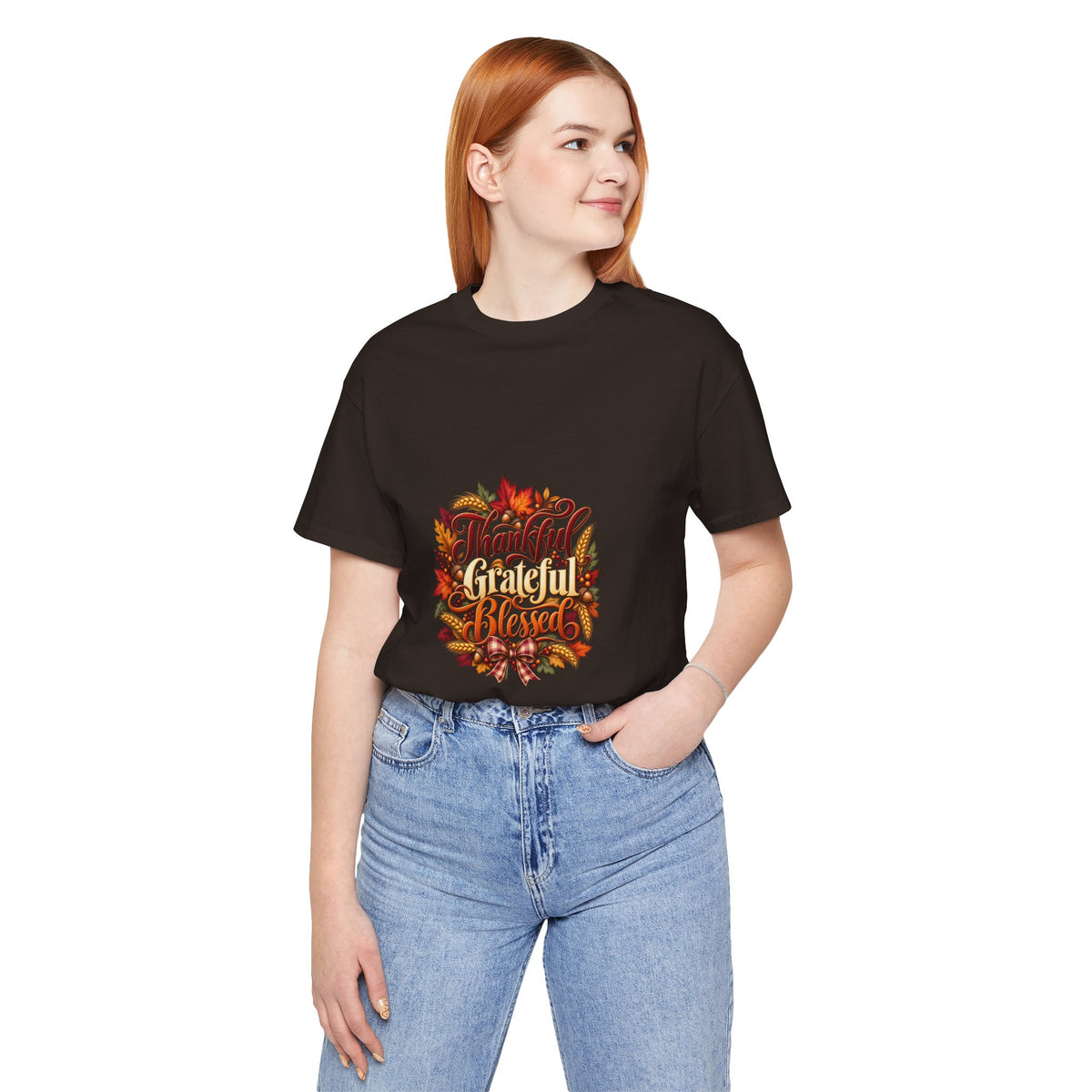 Thankful Grateful Blessed T-Shirt — Fall Leaves Thanksgiving Tee, Autumn Gratitude Shirt, Family Matching Outfit