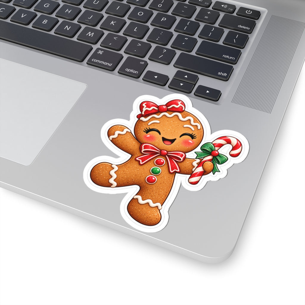Gingerbread Cookie Kiss-Cut Sticker — Cute Holiday Candy Cane Design