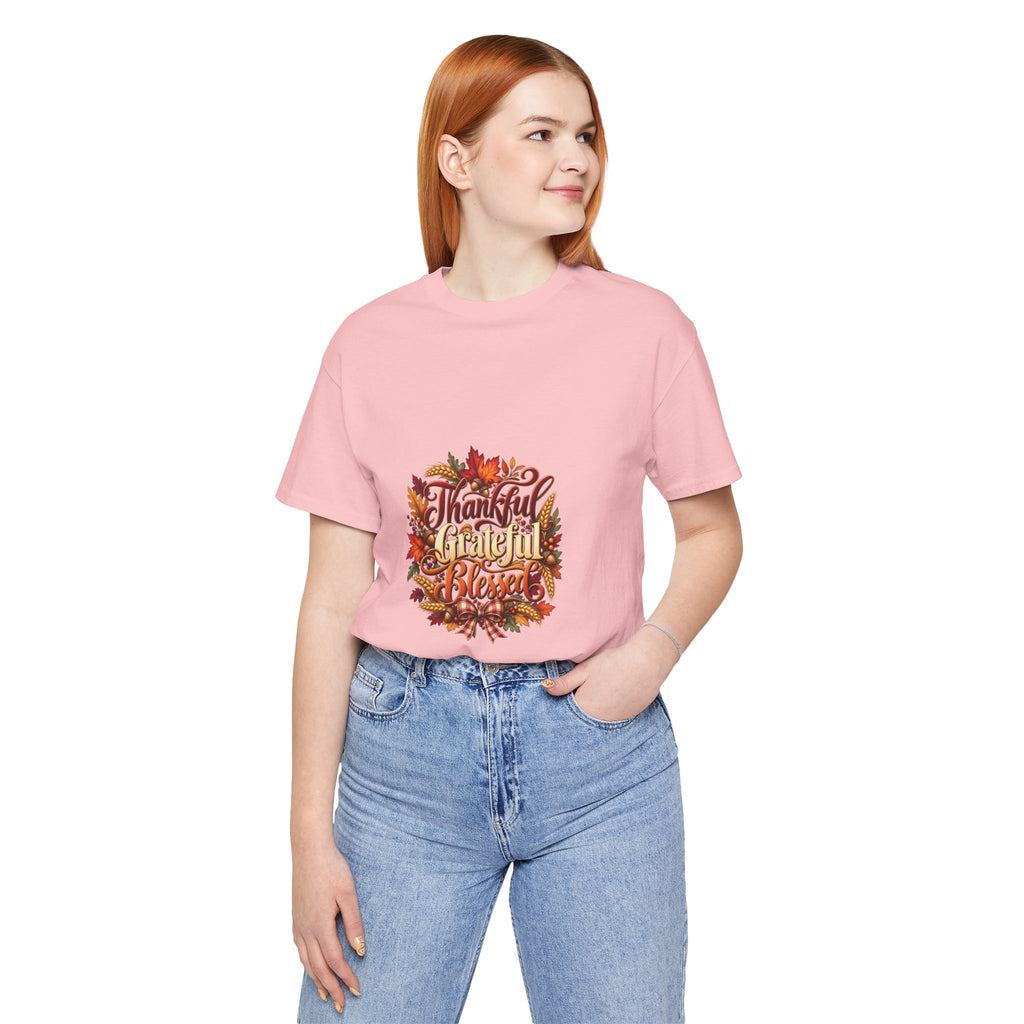 Thankful Grateful Blessed T-Shirt — Fall Leaves Thanksgiving Tee, Autumn Gratitude Shirt, Family Matching Outfit