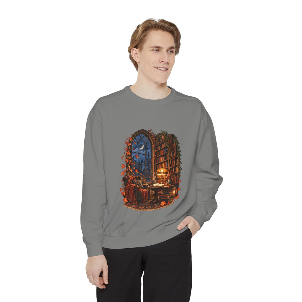 Cozy Nighttime Library Scene Sweatshirt | Reading Nook Illustration