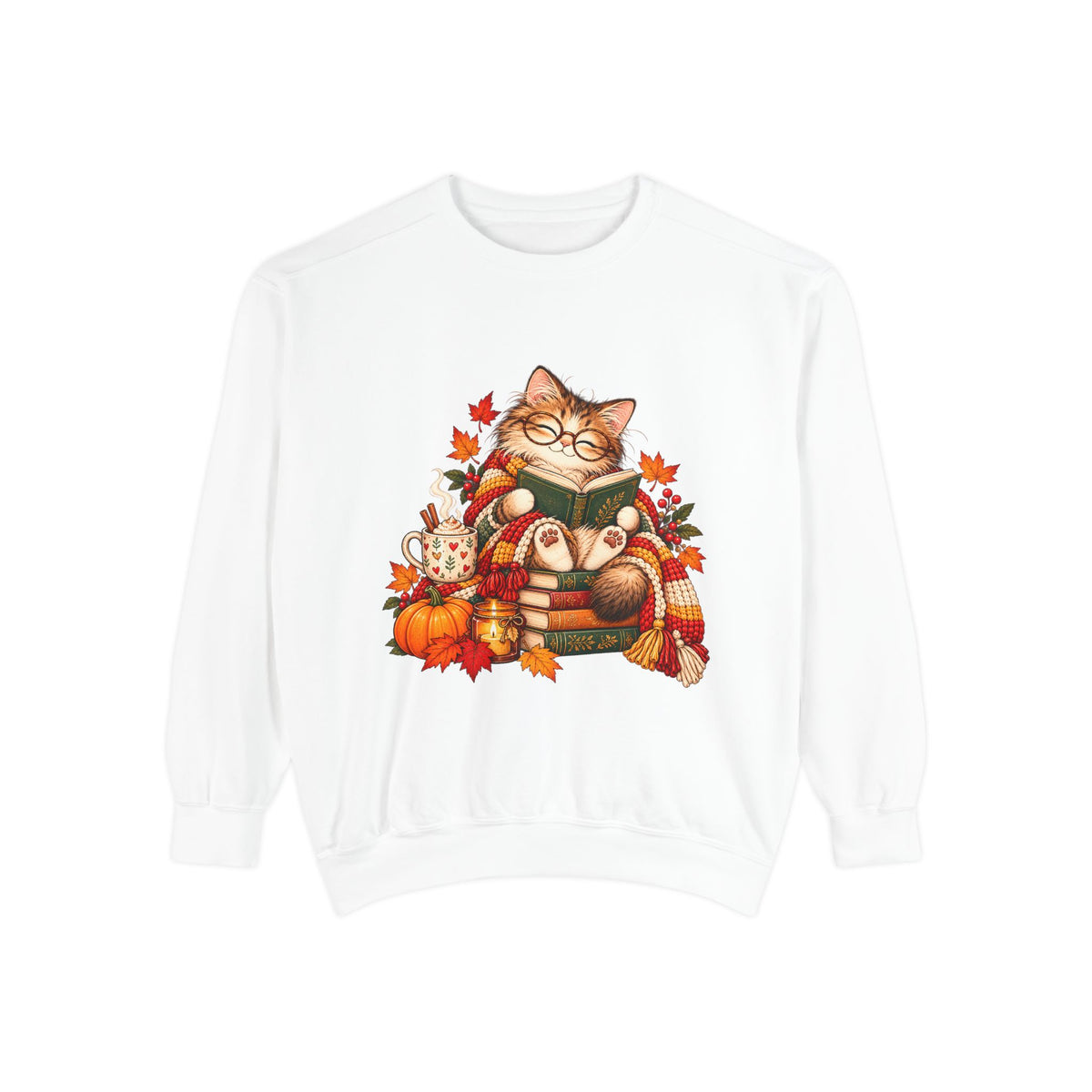 Cozy Reading Cat Sweatshirt | Autumn Leaves Pumpkin Fall Cozy