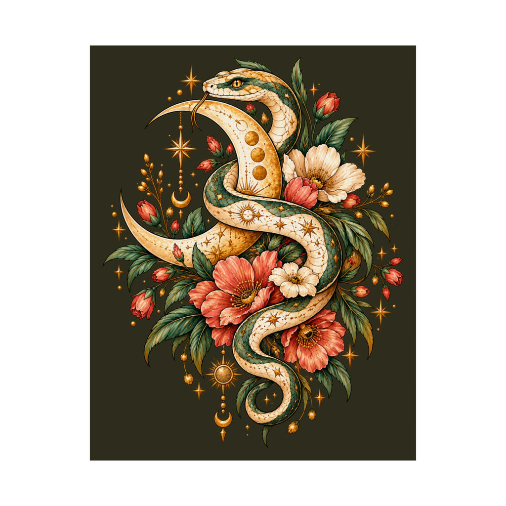 Floral Gold Snake Poster Matte Vertical Print | Botanical Serpent Wall Art