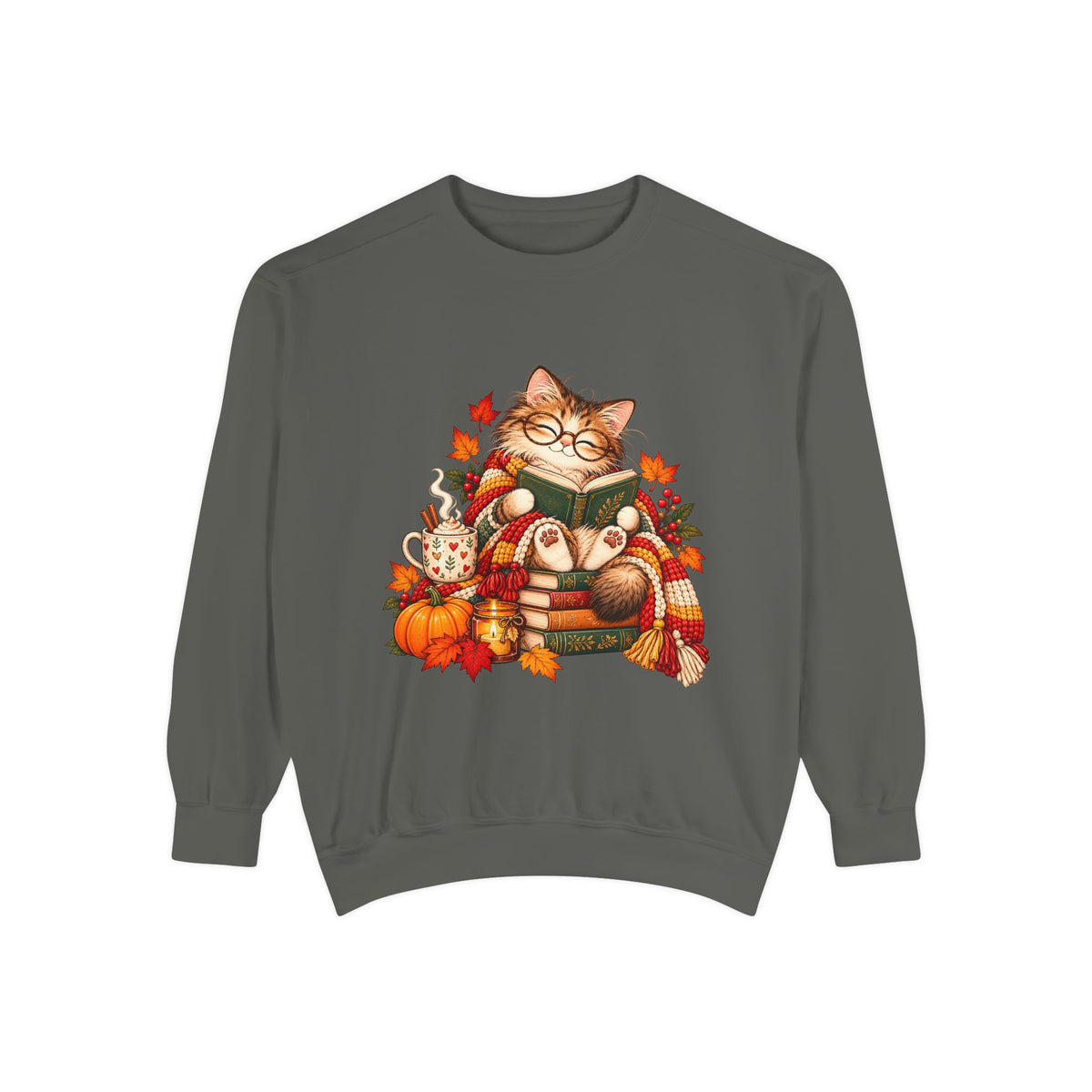 Cozy Reading Cat Sweatshirt | Autumn Leaves Pumpkin Fall Cozy