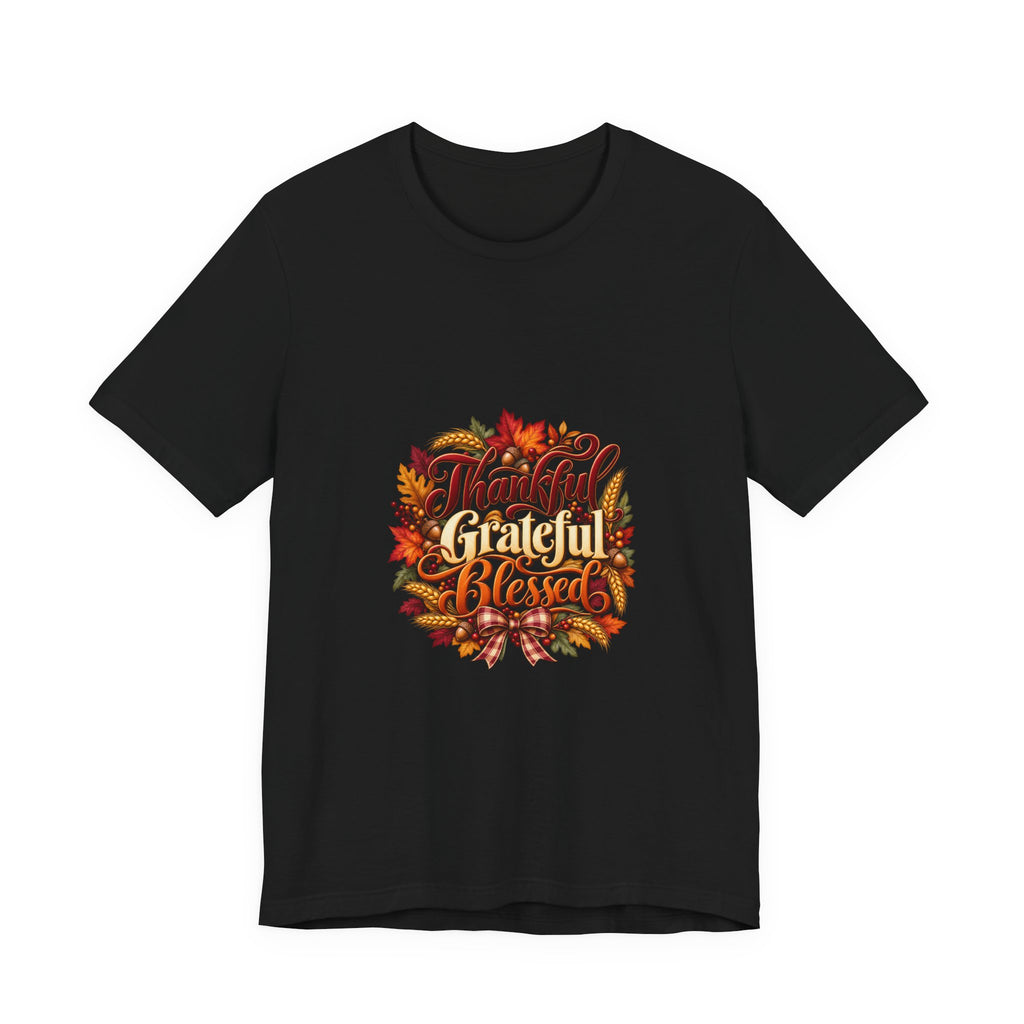 Thankful Grateful Blessed T-Shirt — Fall Leaves Thanksgiving Tee, Autumn Gratitude Shirt, Family Matching Outfit