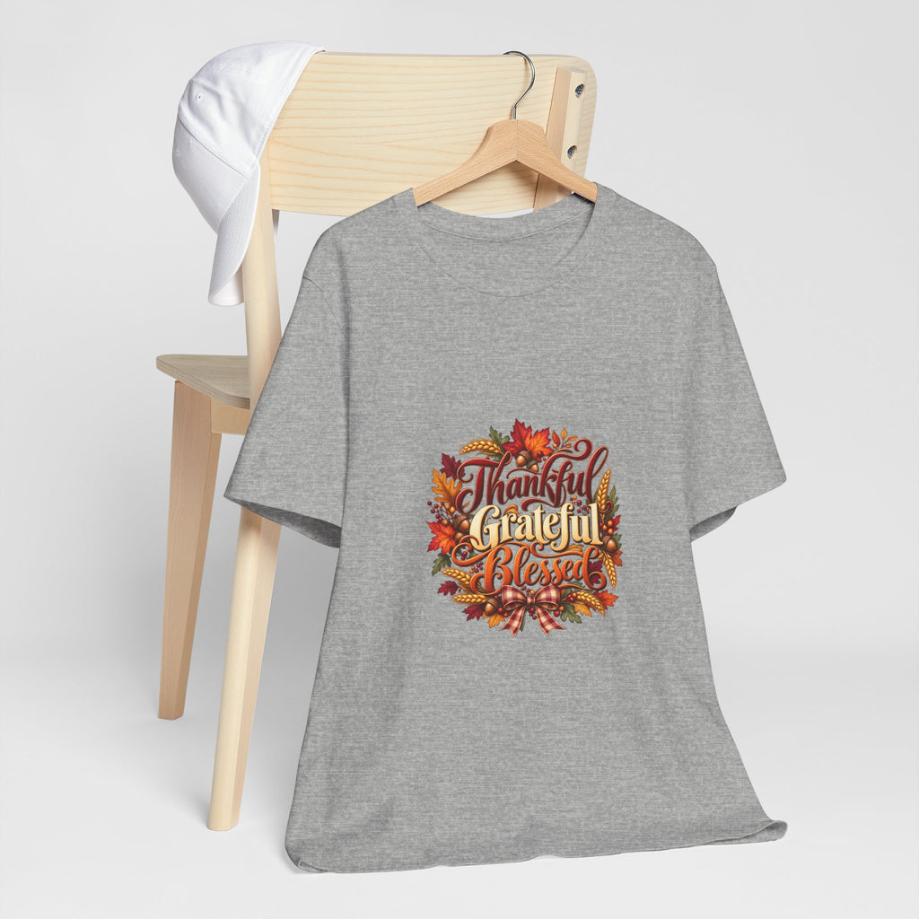 Thankful Grateful Blessed T-Shirt — Fall Leaves Thanksgiving Tee, Autumn Gratitude Shirt, Family Matching Outfit
