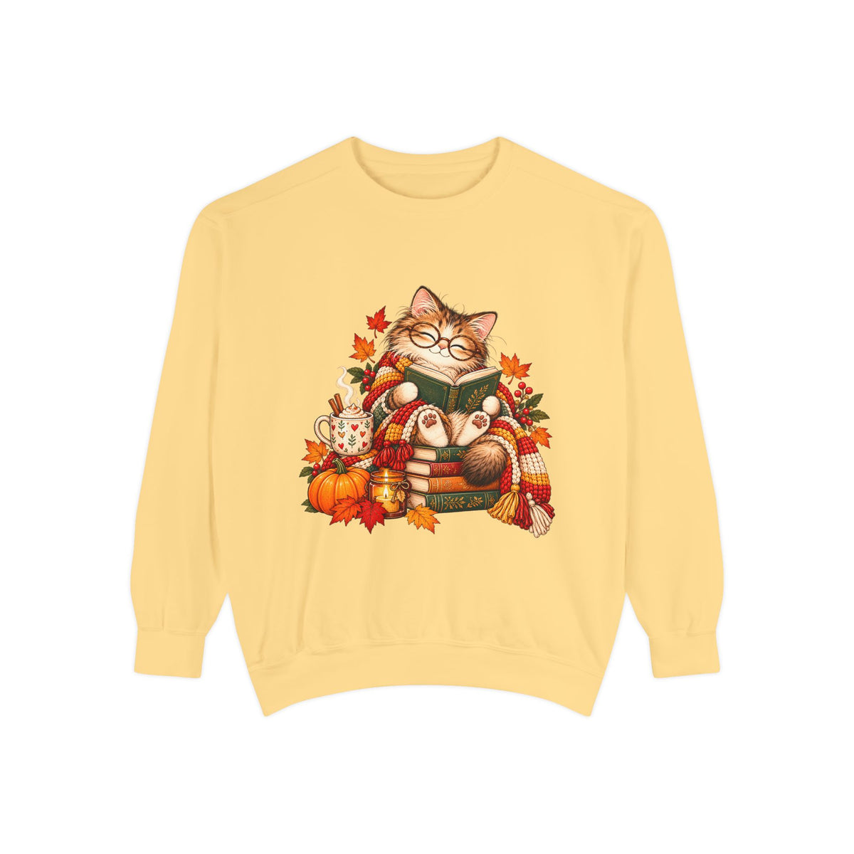Cozy Reading Cat Sweatshirt | Autumn Leaves Pumpkin Fall Cozy