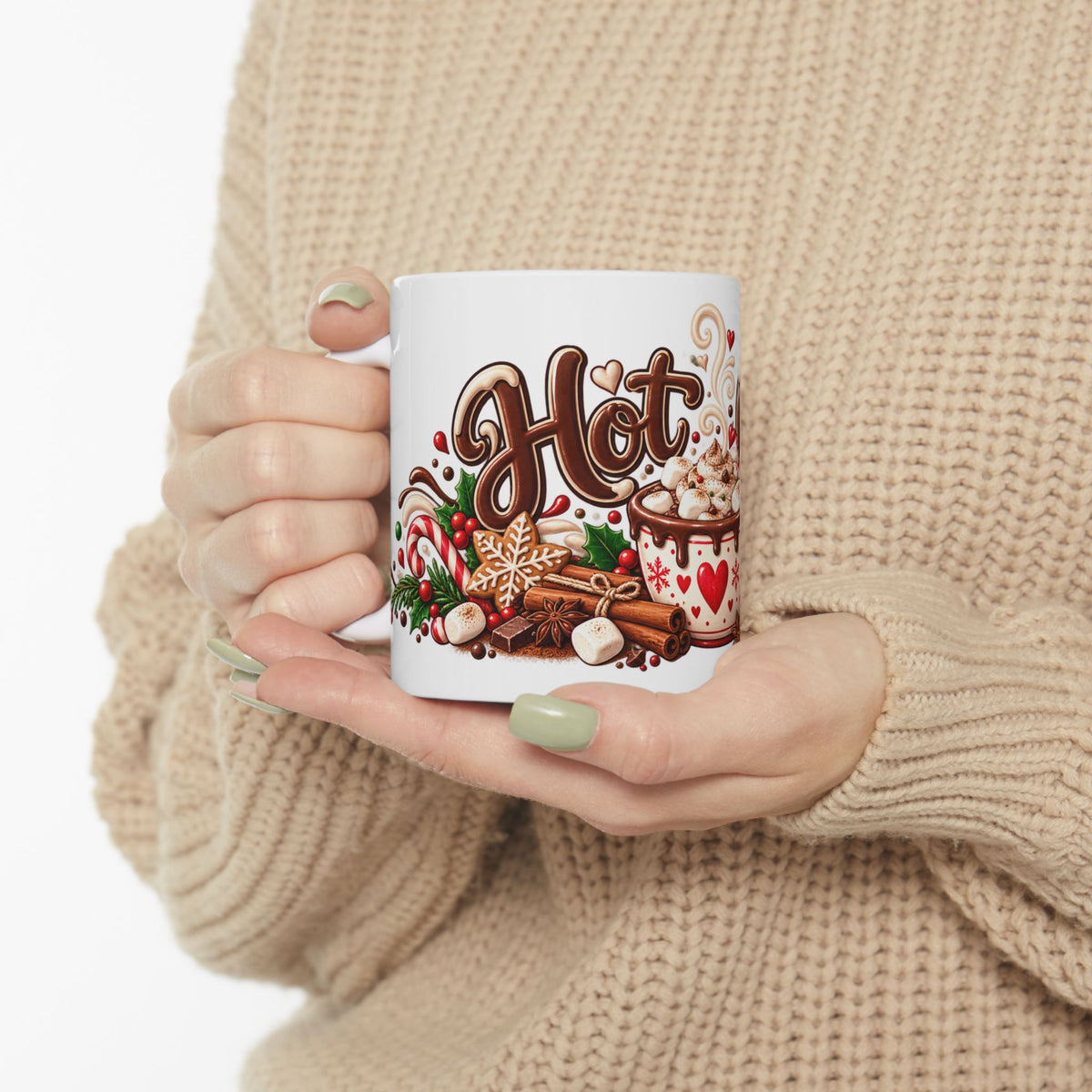 Hot Cocoa Ceramic Mug – Festive Holiday Hot Chocolate Cup with Candy Cane & Marshmallow Design (11oz, 15oz)