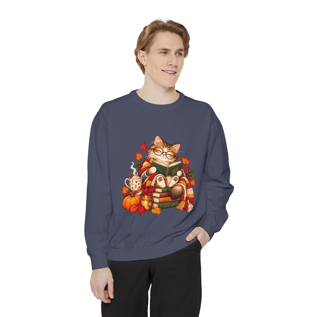 Cozy Reading Cat Sweatshirt | Autumn Leaves Pumpkin Fall Cozy