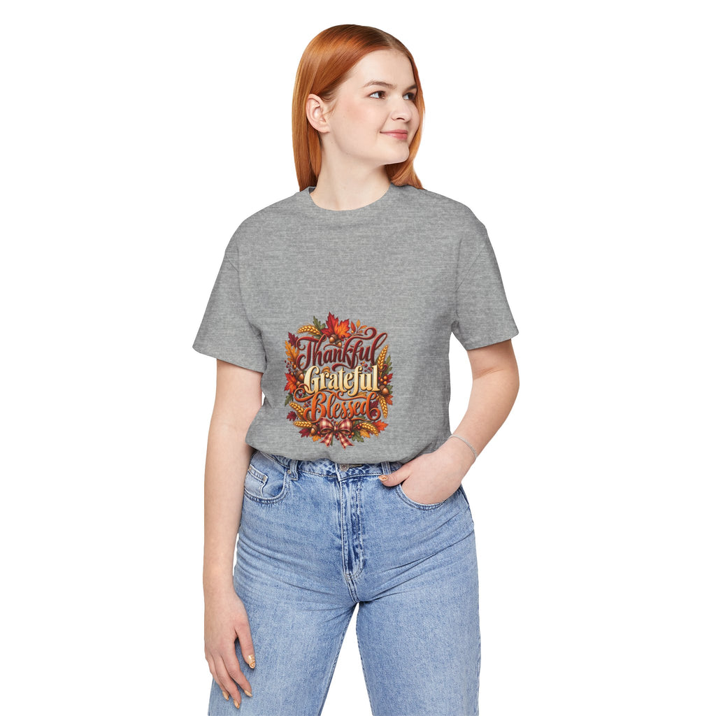 Thankful Grateful Blessed T-Shirt — Fall Leaves Thanksgiving Tee, Autumn Gratitude Shirt, Family Matching Outfit