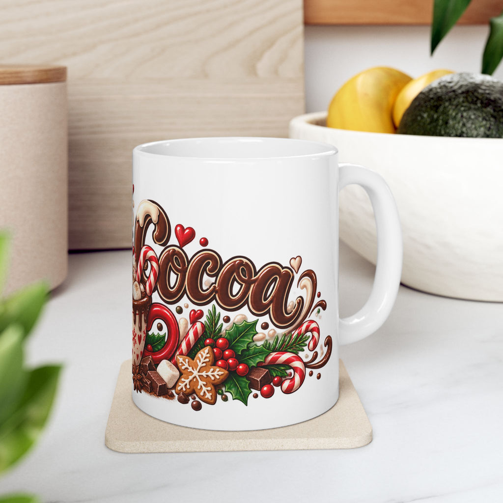 Hot Cocoa Ceramic Mug – Festive Holiday Hot Chocolate Cup with Candy Cane & Marshmallow Design (11oz, 15oz)