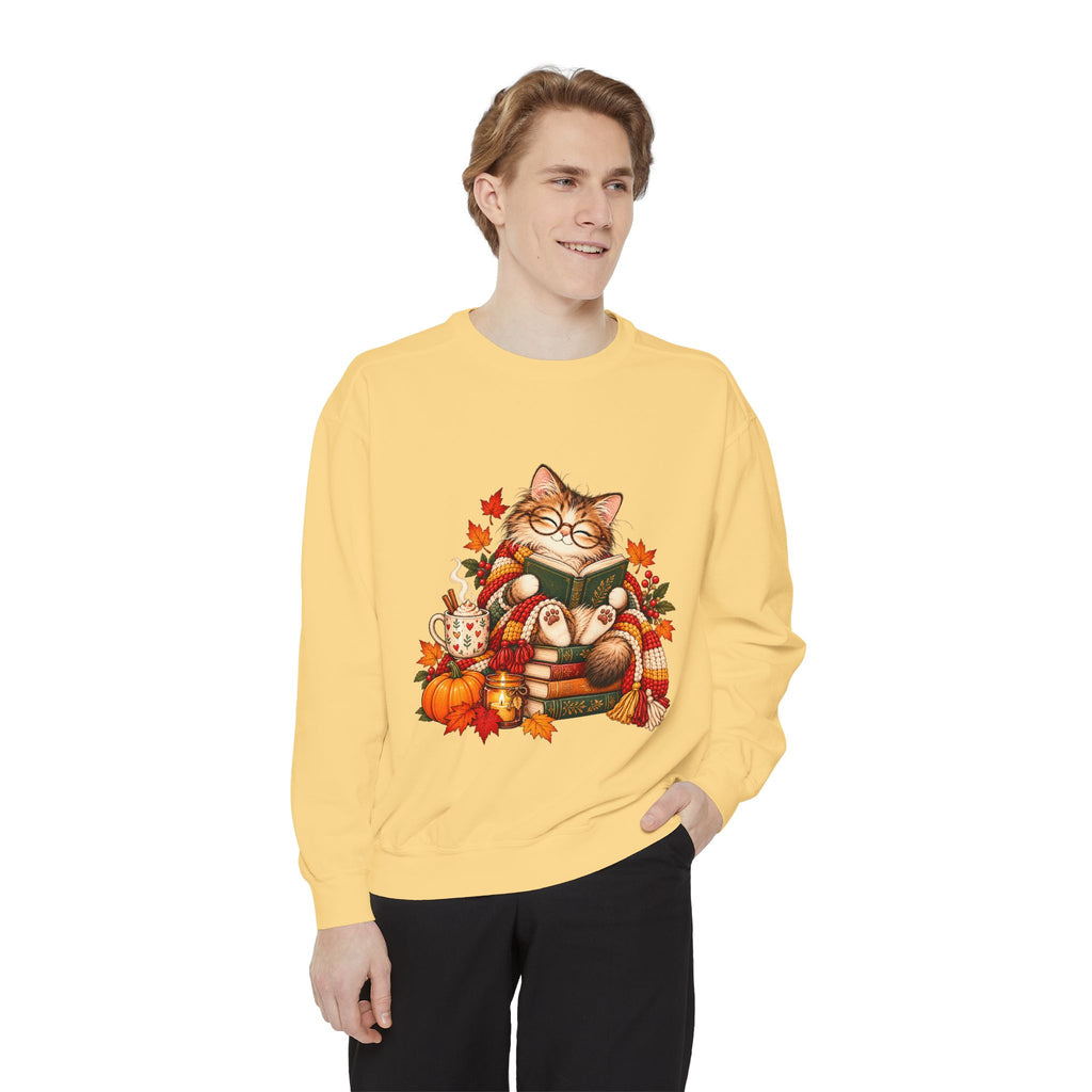 Cozy Reading Cat Sweatshirt | Autumn Leaves Pumpkin Fall Cozy
