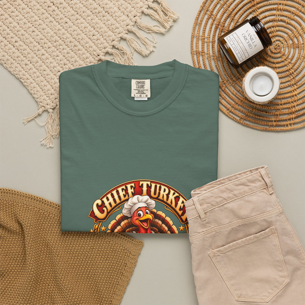 Chief Turkey Roaster T-Shirt — Retro Thanksgiving Emblem Tee, Vintage BBQ Turkey Badge Graphic Fall Shirt
