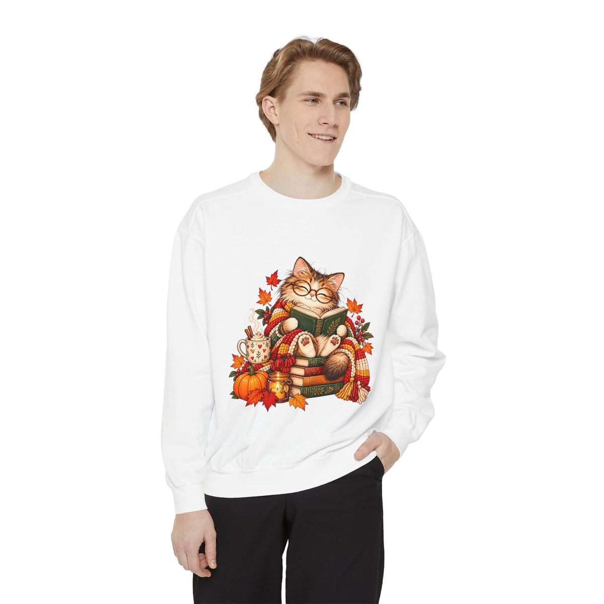Cozy Reading Cat Sweatshirt | Autumn Leaves Pumpkin Fall Cozy