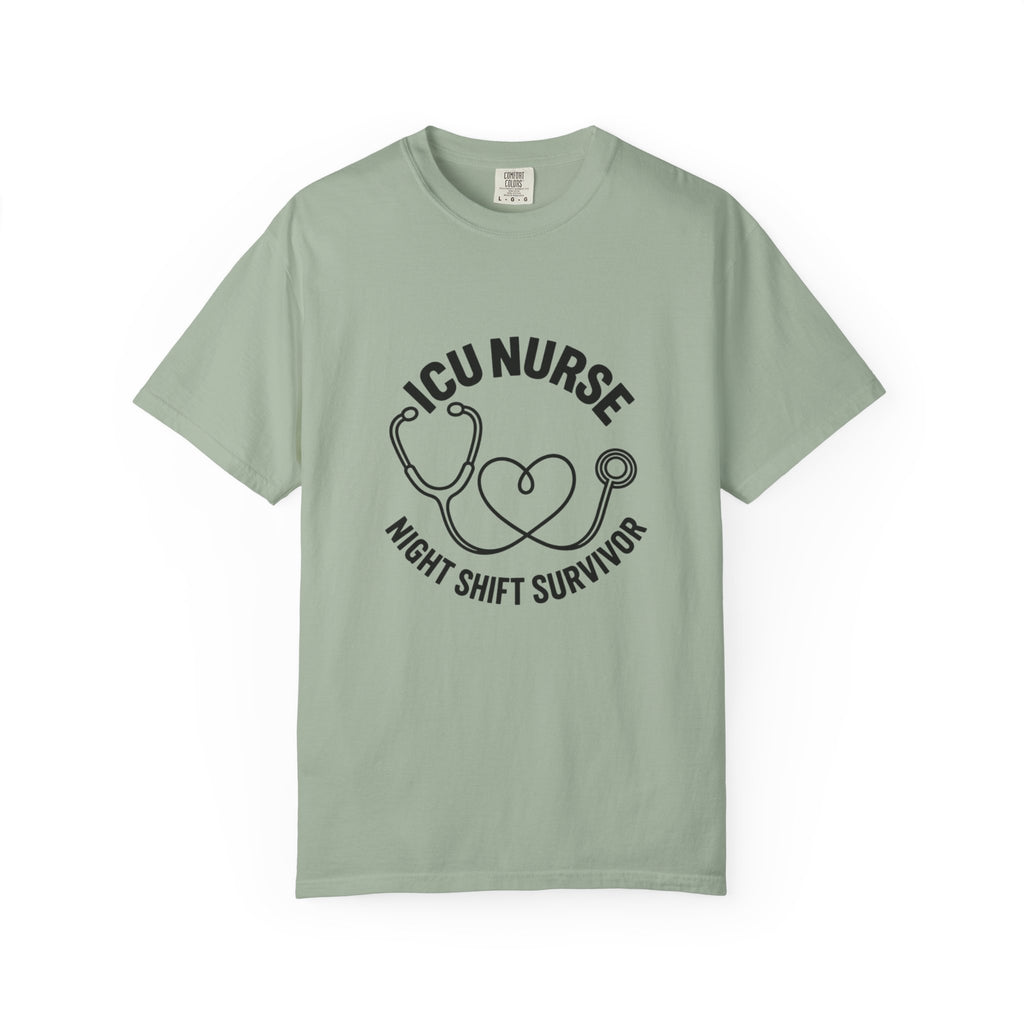 ICU Nurse Night Shift Survivor T-shirt | Stethoscope Heart Design