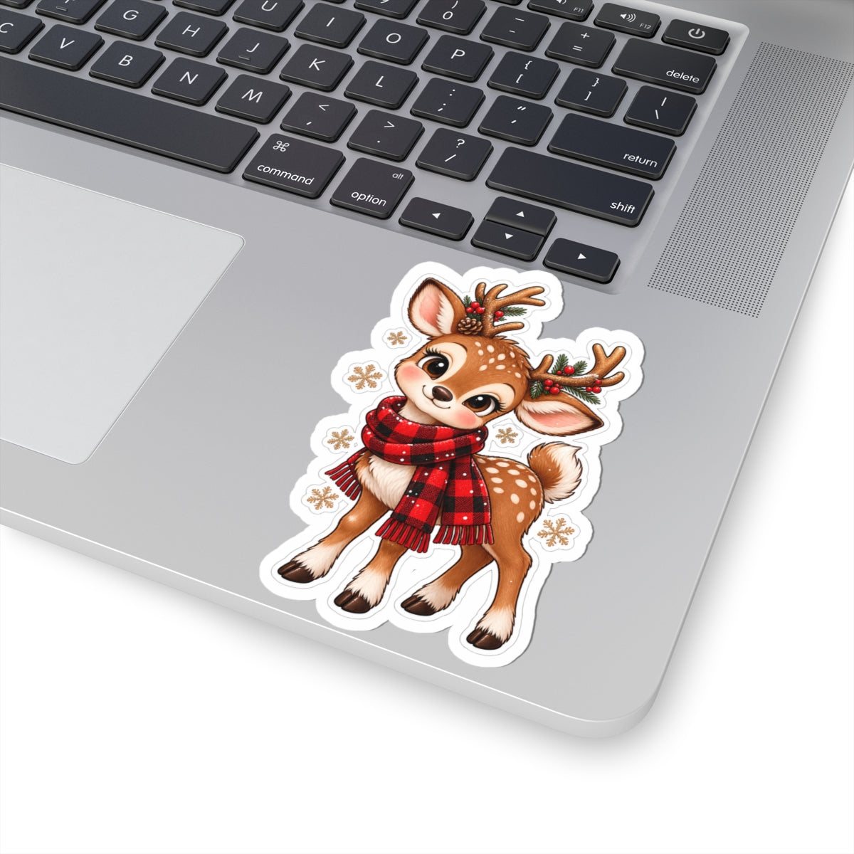 Cute Christmas Reindeer Sticker — Festive Deer with Plaid Scarf (Kiss-Cut)