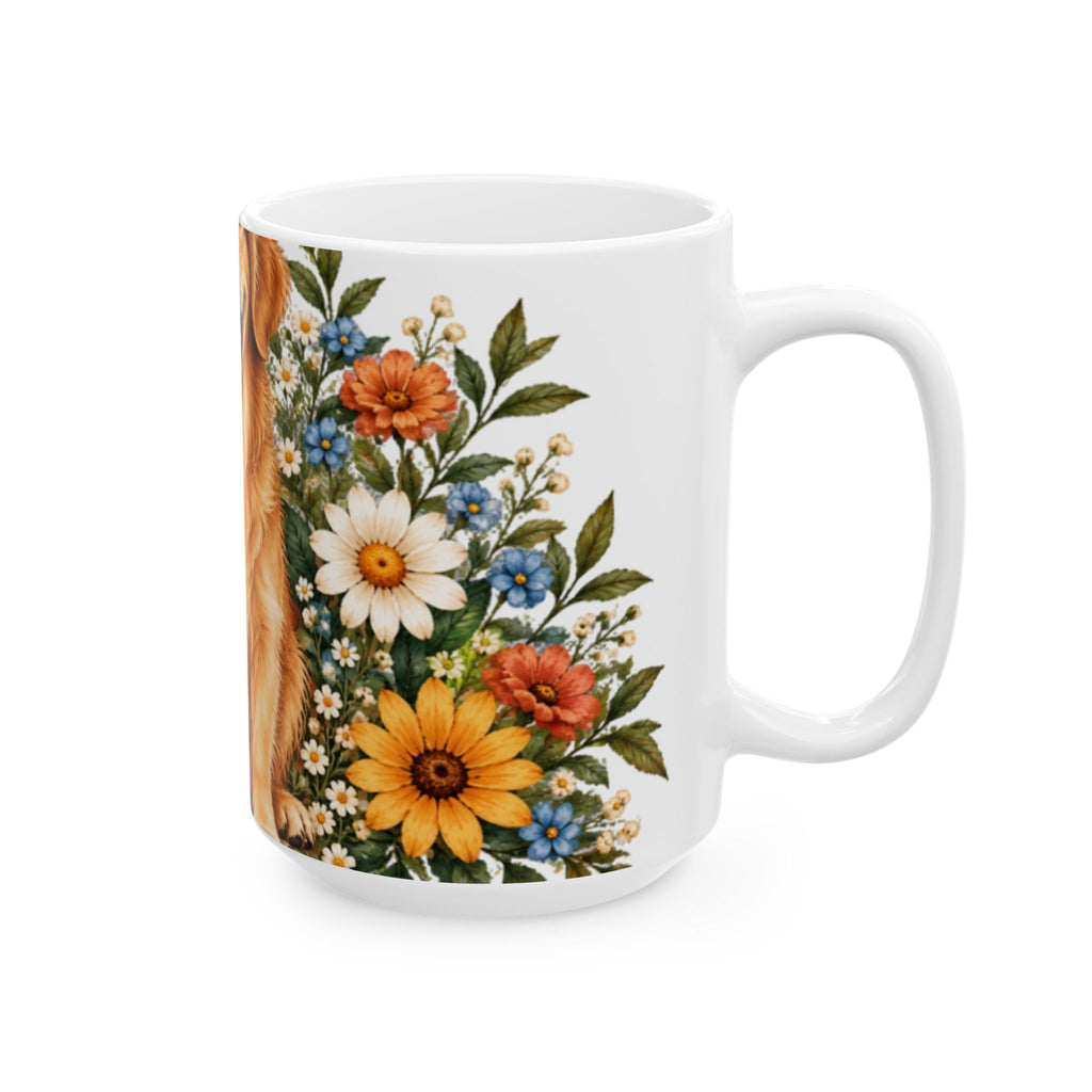 Smiling Golden Retriever Mug | Ceramic Coffee Cup with Floral Wreath