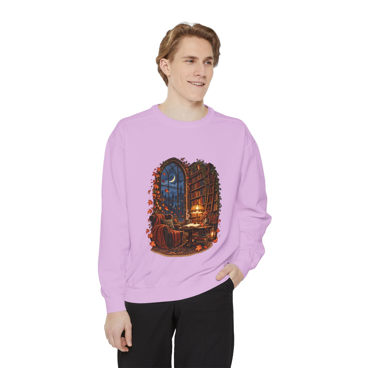 Cozy Nighttime Library Scene Sweatshirt | Reading Nook Illustration