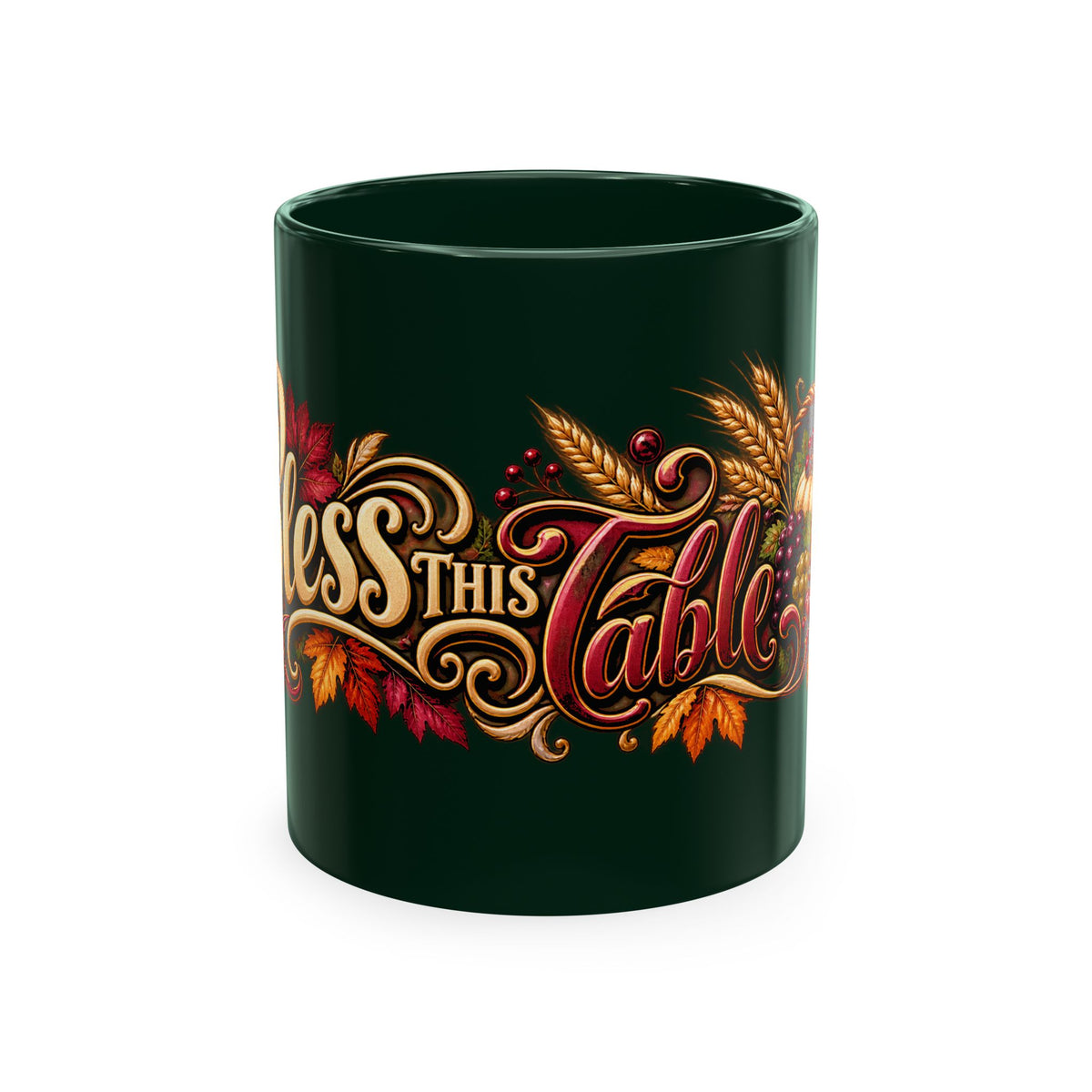 Bless This Table Mug — Harvest Thanksgiving Ceramic Coffee Mug, Cornucopia Gratitude Fall Harvest Gift