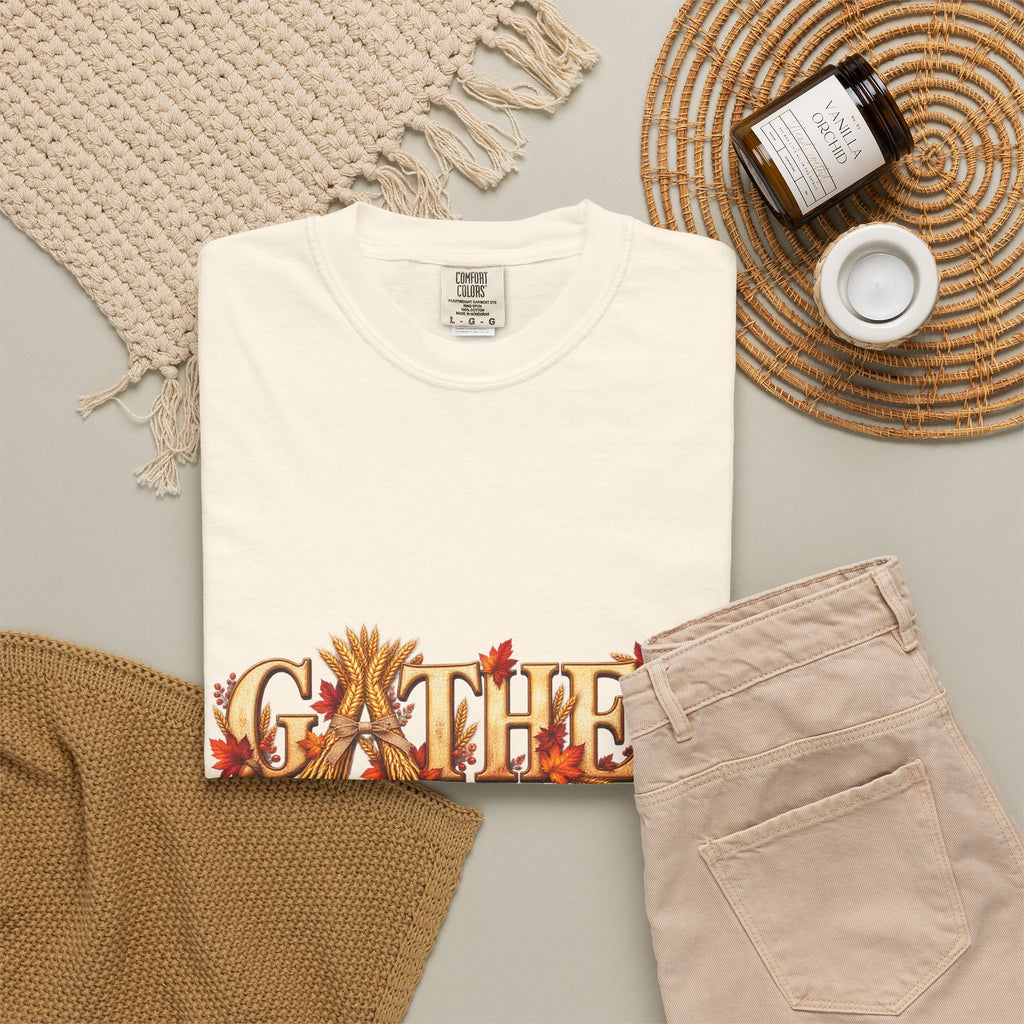 Gather Fall T-Shirt — Autumn Leaves Harvest Graphic Tee, Thanksgiving Family Gathering Shirt, Rustic Fall Gift