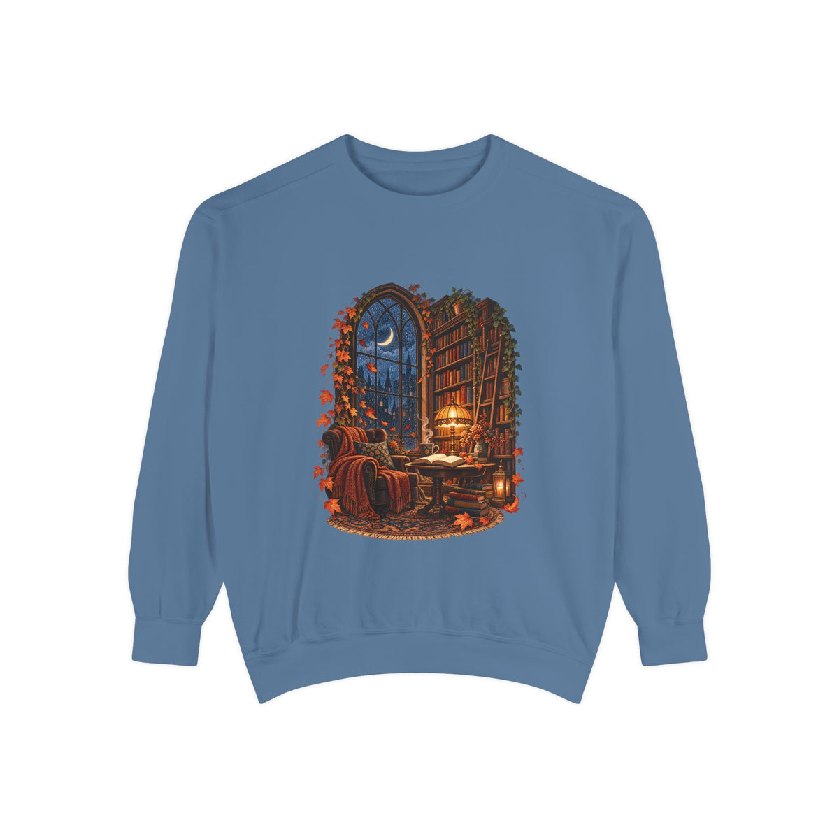 Cozy Nighttime Library Scene Sweatshirt | Reading Nook Illustration