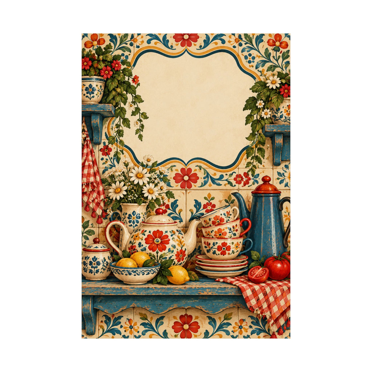 Vintage Floral Kitchen Tea Set Poster | Matte Vertical Poster