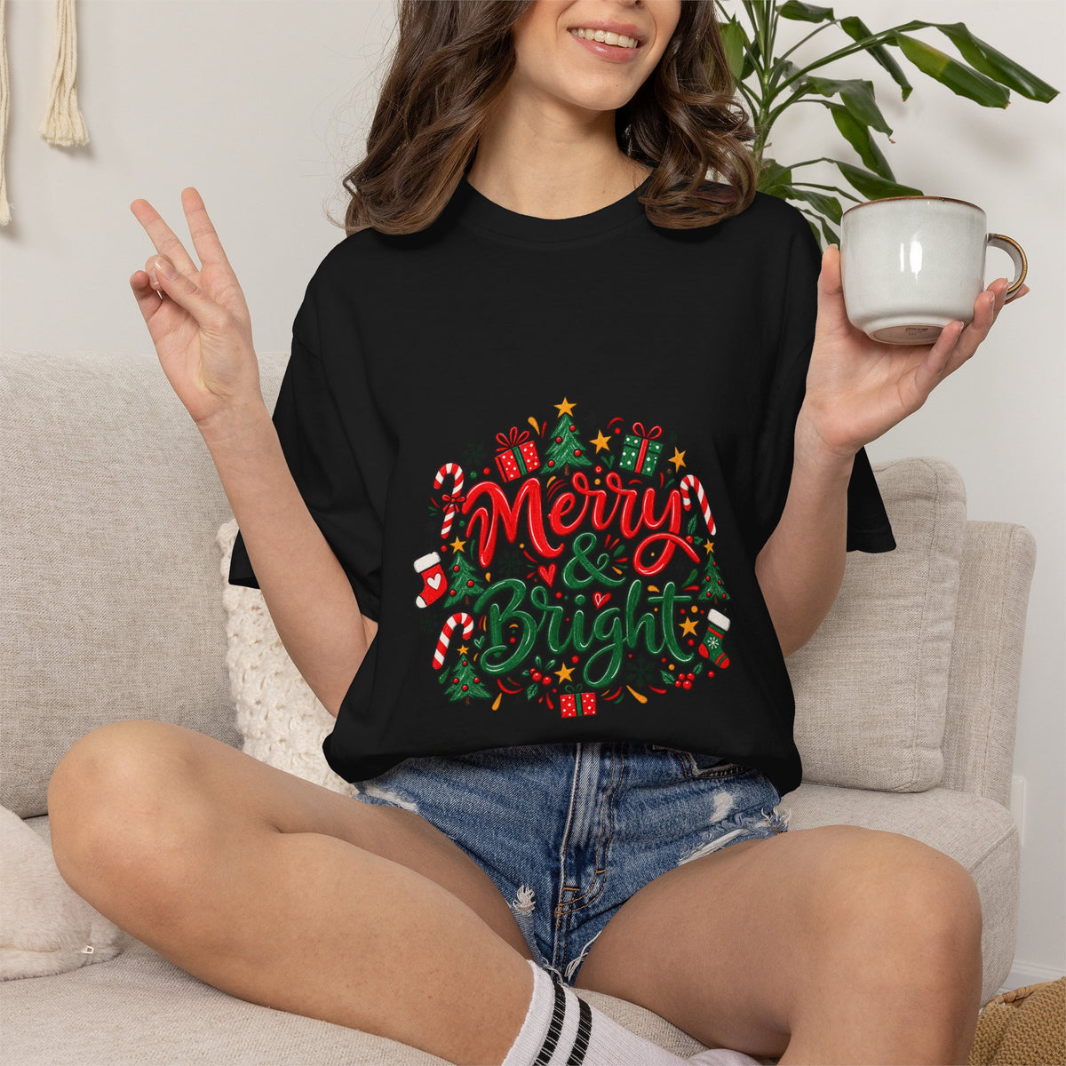 Merry & Bright Christmas T-Shirt | Festive Holiday Graphic Tee