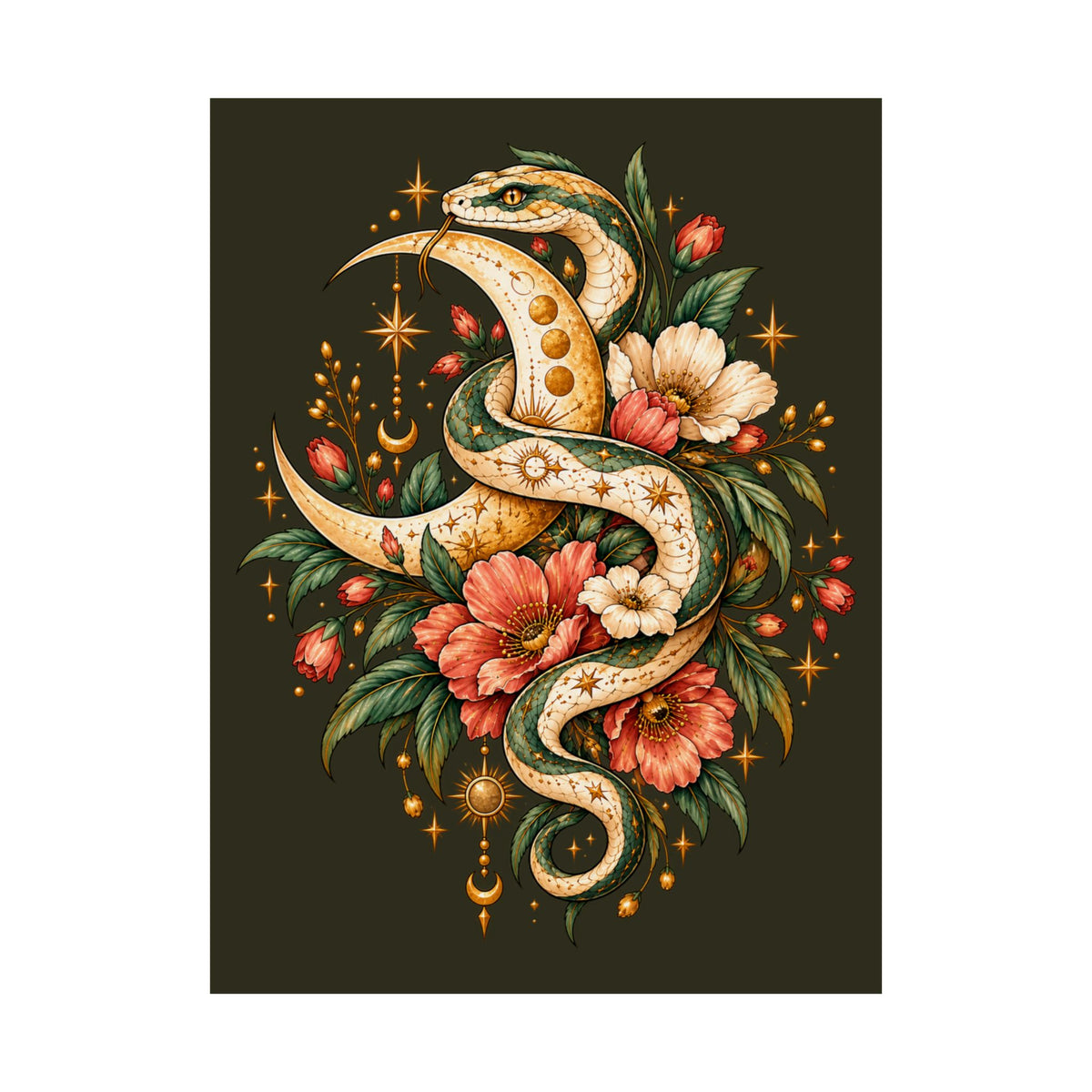 Floral Gold Snake Poster Matte Vertical Print | Botanical Serpent Wall Art