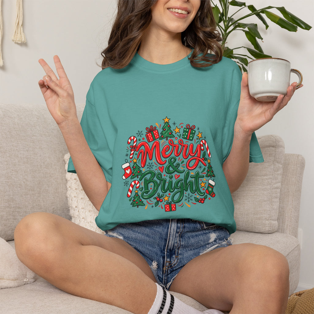 Merry & Bright Christmas T-Shirt | Festive Holiday Graphic Tee