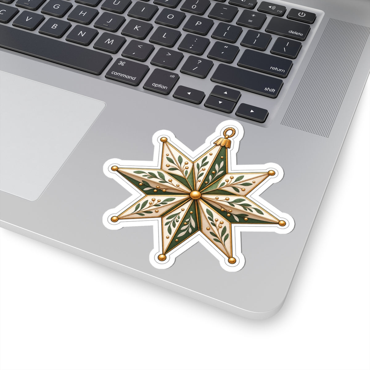Vintage Star Ornament Sticker — Green & Gold Holiday Kiss-Cut Sticker